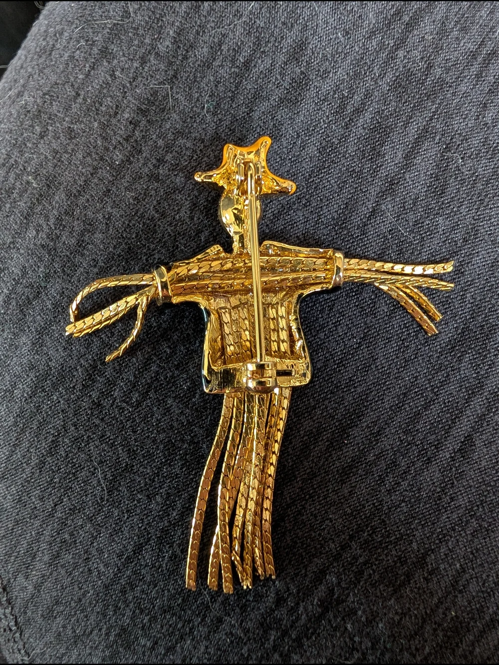 Scarecrow Brooch Lapel Pin Chain Legs & Arms Orange Hat Black Shirt Faux Gems 2